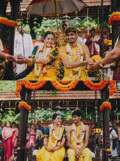 The couple seated on the traditional oonjal or swing, a joyful and picturesque part of many South Indian weddings.