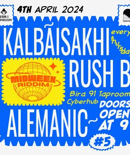 The poster for 'Midweek Riddim' at the Bira 91 Taproom. A cool, retro design for a midweek party.