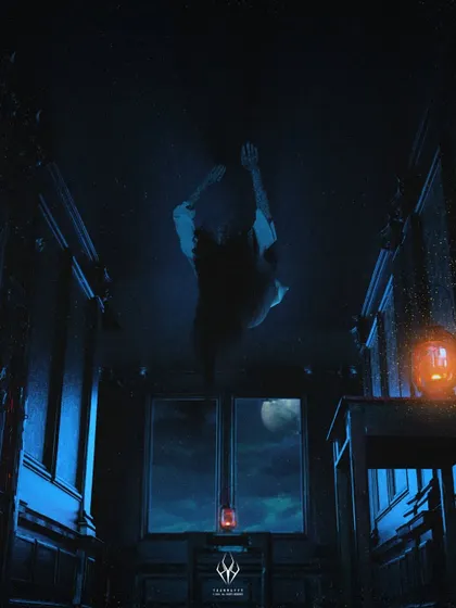 A scene of paranormal activity inside a room, with a figure levitating towards the ceiling. I used a dark, blue-toned color palette and a single lantern to create a feeling of suspense and supernatural power.