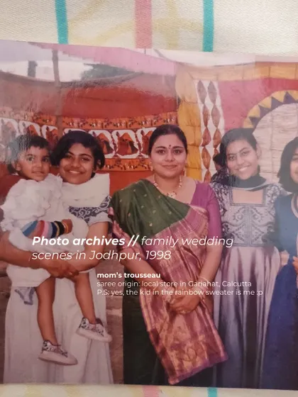 From the photo archives: A family wedding in Jodhpur, 1998, showing the original saree worn by our co-founder's mother.