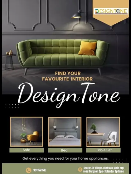 "Find your favourite interior." This graphic showcases our ability to provide a range of home appliances and furniture, including sofas, beds, and table sets.