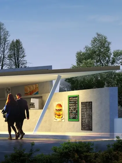 A conceptual design for 'The Potpouri', a modern food kiosk. The structure features a minimalist, brutalist-inspired concrete form with an angular, cantilevered roof, designed to be a simple yet striking public gathering spot.