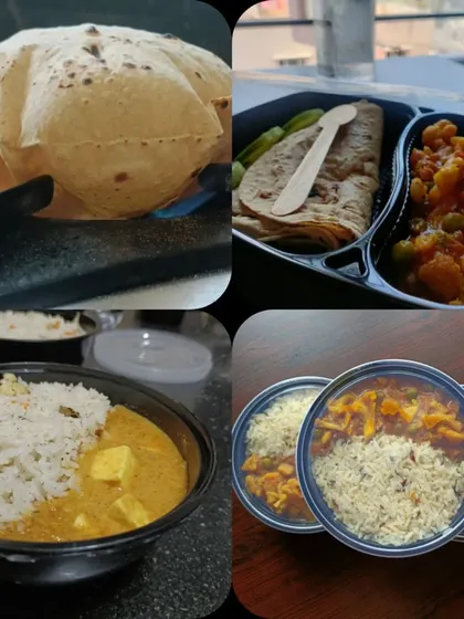 A collage showing my popular Roti and Rice combos. You can see the simple roti-sabzi meal, a paneer curry with rice, and other delicious options I deliver.