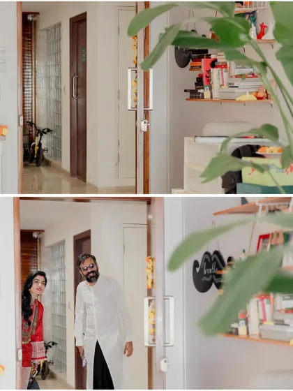 A diptych capturing the couple's entrance into their new home, a candid moment of anticipation and new beginnings.