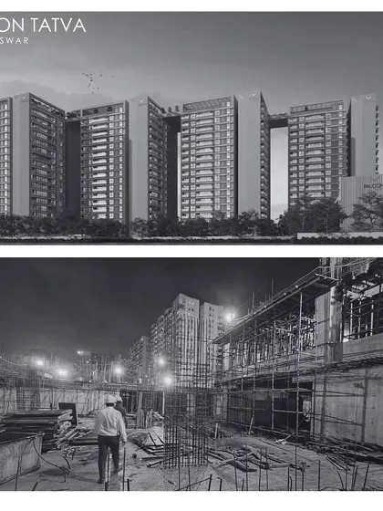 The Falcon Tatva residential project in Bhubaneswar, showing the transition from render to reality. This large-scale development is one of our key projects in East India, designed to bring a new level of architectural sophistication to the region.