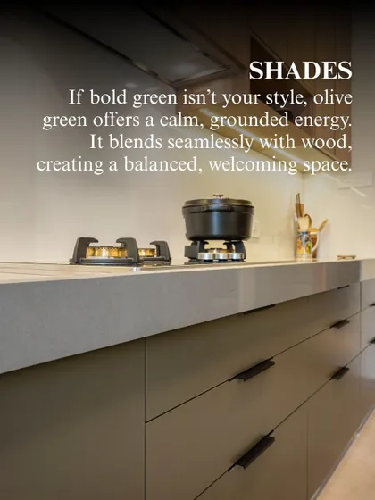 If a bold green isn't your style, a calmer, grounded shade like olive can be a beautiful choice. It pairs seamlessly with wood tones, creating a balanced and welcoming space that feels connected to nature.