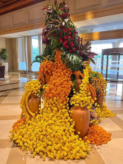The terracotta pots add an earthy, traditional element to the otherwise opulent and abundant floral display.