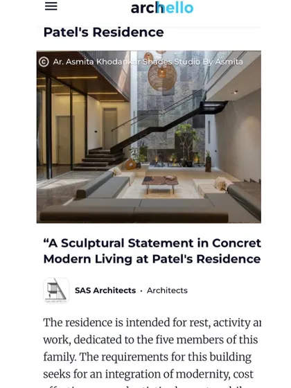 A screenshot from Archello describing our Patel's Residence as "A Sculptural Statement in Concrete."