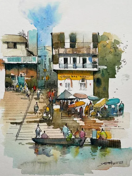 This piece captures the lively atmosphere of the ghats in Varanasi, combining fine pen lines with loose watercolor washes. My illustration workshops focus on this technique to create detailed yet expressive cityscapes and scenes from daily life.