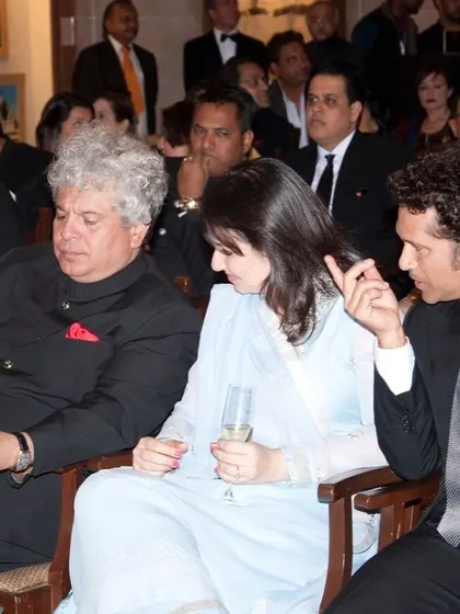 Cricket legend Sachin Tendulkar and his wife Anjali, along with Suhel Seth, attending 'The Jodhpur Auction'. This exclusive, invitation-only event was held at the Umaid Bhawan Palace in support of the Indian Head Injury Foundation.