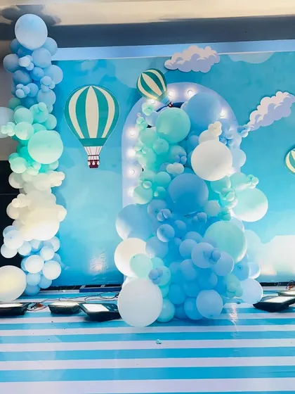 A side view of the hot air balloon stage, showing the cloud cutouts and balloon arrangements.
