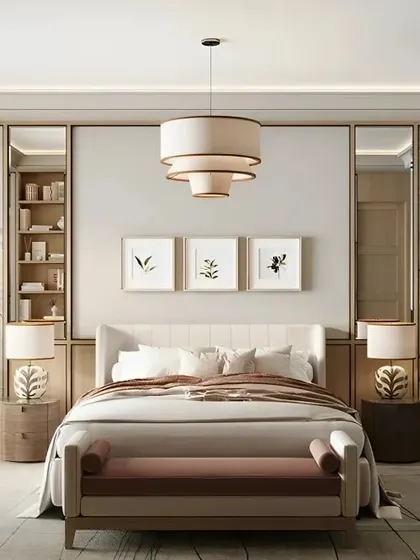 This bright and elegant bedroom uses mirrored panels and light wood tones to create a sense of space and luxury. The design includes integrated shelving and a matching dressing table for a cohesive look.