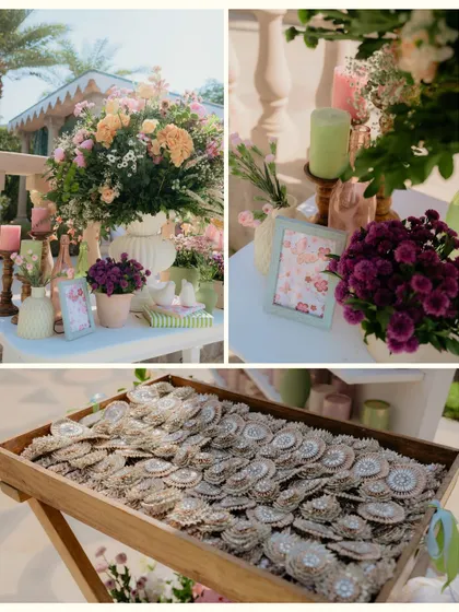 Details from the pastel Mehendi, including lush floral arrangements, custom-framed pictures, and a tray of gota patti favors, highlighting the thoughtful and cohesive styling.