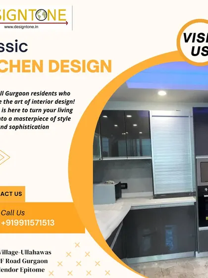 A classic kitchen design featuring dark grey cabinets with a built-in microwave and oven unit. The use of roller shutter cabinets adds a modern touch to the storage solutions.