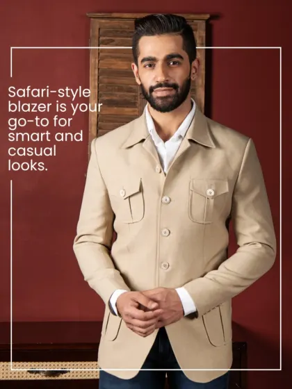 Redefining smart casual with our safari-style blazer. This versatile khaki jacket with its structured pockets offers a polished yet relaxed look, perfect for brunches, casual meetings, or travel. It is functional elegance for the modern man.