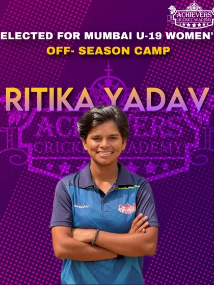 Congratulations to Ritika Yadav on being selected for the Mumbai U-19 Women's Off-Season Camp. This is a big step forward in her cricketing journey and a proud moment for the academy.