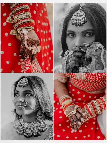 A collage of close-up bridal details, focusing on the hands, jewelry, and expressive eyes of the bride.
