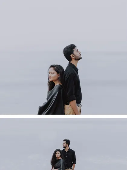 A collage of a couple sharing quiet, intimate moments against a minimalist, open sky backdrop.