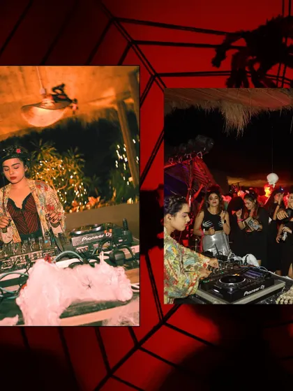 A collage from my Frida Kahlo-inspired Halloween set. I was DJing from a creatively decorated console, surrounded by a crowd that fully embraced the theme. It’s about creating a collective experience.