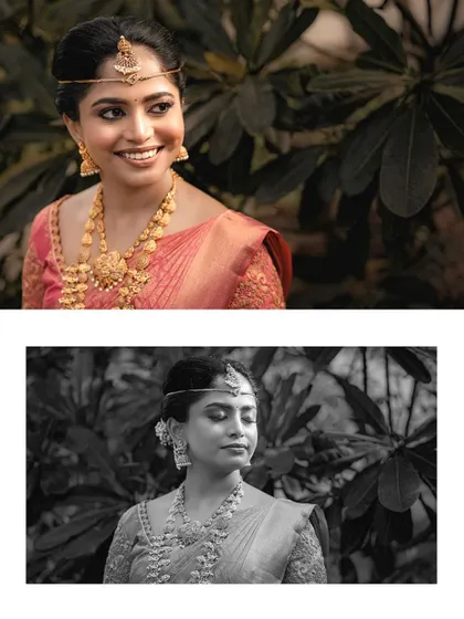 A collage of bridal portraits, in both color and black and white. It showcases the bride's joyful expressions and the timeless beauty of her look.