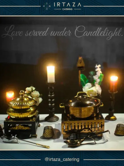 "Love served under Candlelight." This image perfectly captures the romantic and intimate mood I can create with a simple, elegant setup featuring two golden serving dishes, candelabras, and delicate votives.