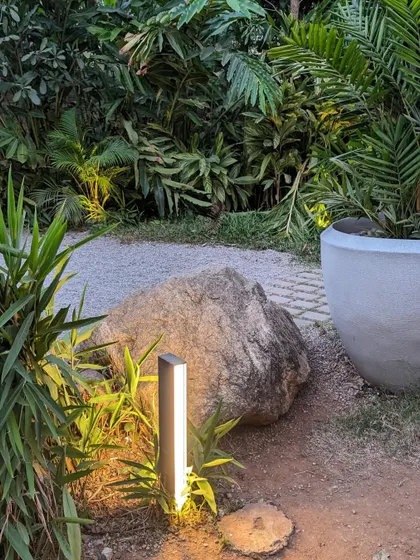 A small, modern light fixture casts a warm glow on the surrounding plants and a large boulder. Even small lights, when placed strategically, can have a major impact on the garden's nighttime atmosphere.
