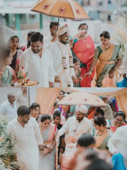A collage capturing the groom's procession, a vibrant and celebratory part of a traditional Indian wedding.