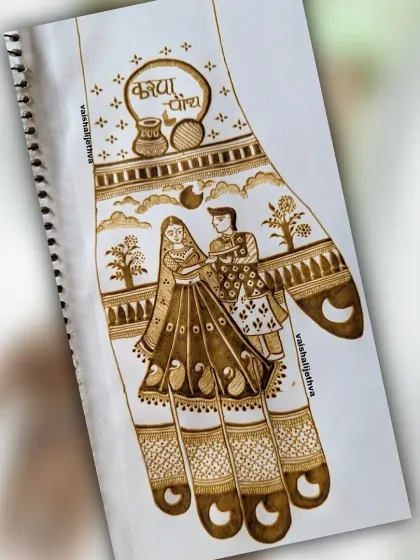 A classic Karwa Chauth sketch. This design features a couple celebrating the festival, with the words "Karva Chauth" written in Hindi.