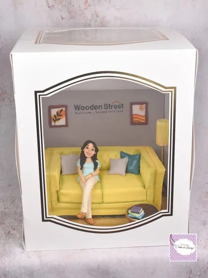 The sofa cake perfectly packed and ready for delivery.