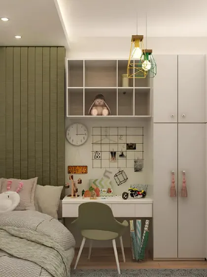 A cozy and stylish room for one, this design features an olive green upholstered headboard and a compact study area. The grid memo board is a great touch for keeping notes and photos.
