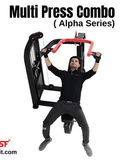 A user demonstrates the shoulder press function of the Alpha Series Multi Press Combo.