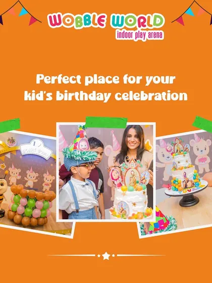 A collage showing the perfect elements for a kid's birthday celebration: a themed cake, fun decorations, and happy faces.