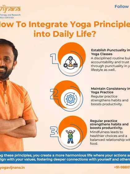 How do you integrate yoga principles into daily life? It starts with the discipline cultivated in practice. This graphic shows how punctuality, consistency, and mindfulness on the mat translate to a more harmonious life off the mat.