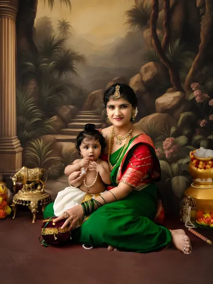 Another beautiful pose from the Yashoda and Krishna session, with the baby playing with his pearl necklace.
