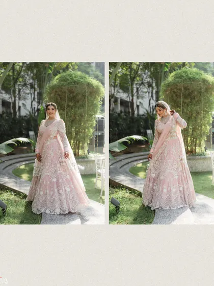 A diptych of the bride, showcasing her beautiful lehenga from different angles in a garden setting.
