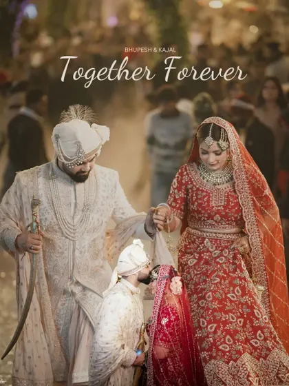 A powerful image capturing the couple's grand entrance, with a smaller, intimate moment of a kiss inset, telling a story of public celebration and private love.