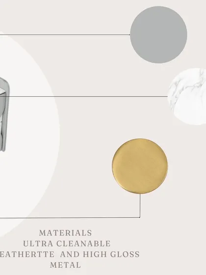 A material breakdown of one of our custom bedside tables, showing the combination of ultra-cleanable leatherette, high-gloss metal, and a marble top.