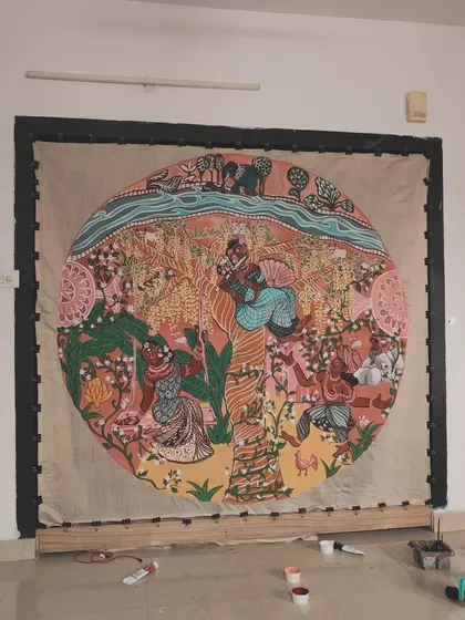This is "Mullai," representing the forest and pastoral lands. Traditionally a theme of awaiting a lover, I reimagined it as a space for women to find rest and joy for themselves. Here, women are shown relaxing and playing music, making rest an act of resistance.