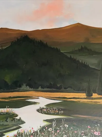 A massive 5ft by 3ft landscape painting I created for a home in Bareilly. The scene depicts a tranquil river flowing through rolling hills and fields of wildflowers.