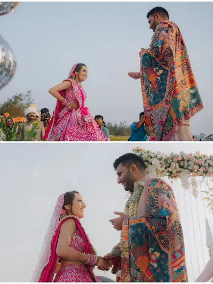 A collage of emotional and playful moments from a beachside Varmala ceremony.