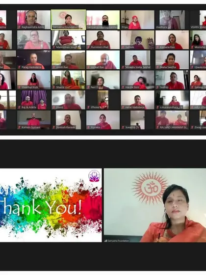 A collage capturing the closing moments of our virtual workshop on prosperity. The grid of participants and a 'Thank You' slide reflect the successful completion of a multi-day event focused on meditation, healing, and spiritual growth.