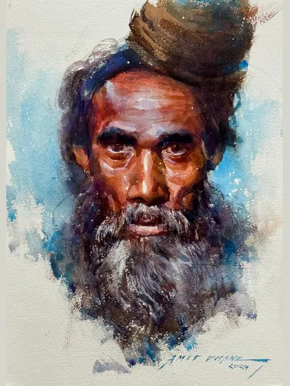 This watercolour portrait captures the intense gaze of the subject. I use a limited palette to create harmony and focus on the expression.