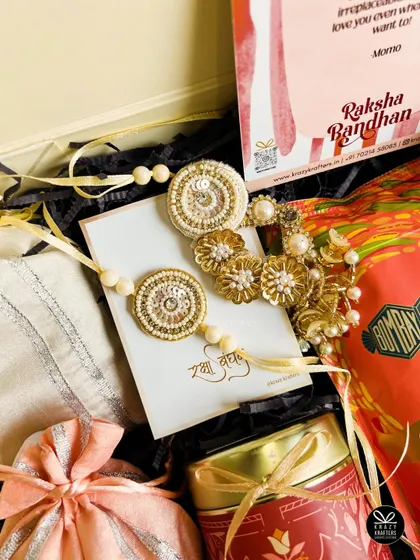 Another look at the beautiful handcrafted lumba-rakhi set in our 'Laad Pyaar' hamper.