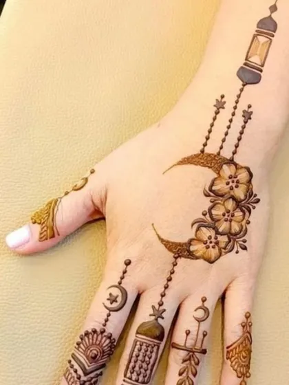 A delicate and stylish design for Eid or Ramadan, with hanging lanterns, crescent moons, and flowers. This Arabic style is perfect for a modern festive look.
