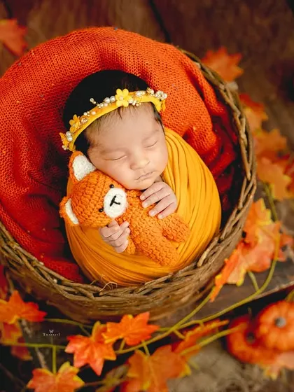 This overhead shot showcases a beautiful autumn theme, with the newborn sleeping peacefully in a basket surrounded by fall leaves and holding a tiny fox toy.