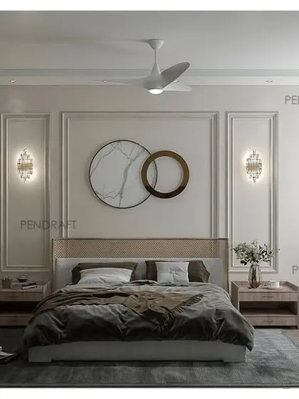 We used rattan on the wardrobe doors to add a touch of Indian craft to this otherwise modern bedroom. The green and wood tones create a natural and calming environment.