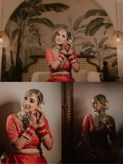 A collage of the bride getting ready, capturing the final touches as she puts on her earrings, smiling in anticipation.