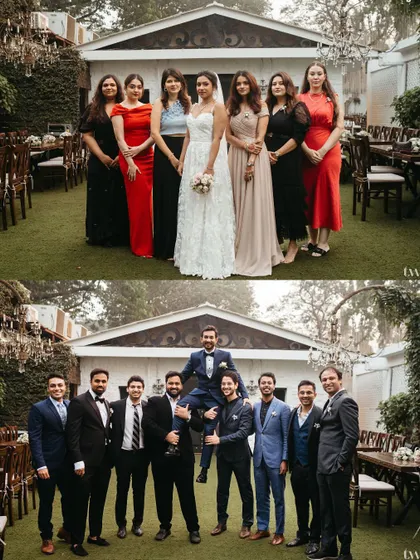 A fun collage showing the bride with her bridesmaids and the groom with his groomsmen, capturing the spirit of a beautiful garden wedding.