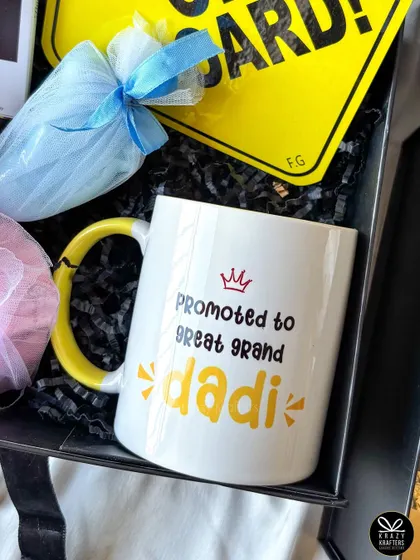 Even the great-grandparents get a promotion! We love creating these special mugs for the 'Great Grand Dadi' to make them feel cherished.