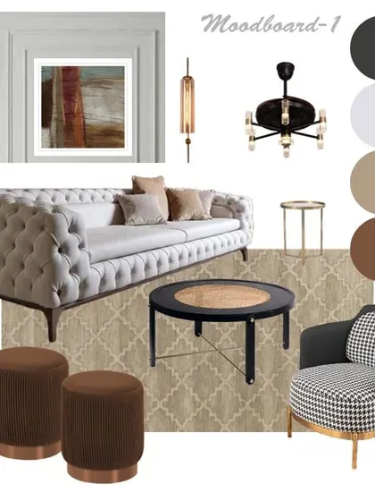 Furniture Mood Boards: Exploring different vibes for a living space. One mood board presents a neutral luxe theme with a chesterfield sofa and earthy tones, while the other offers a pastel chic alternative with pops of pink and blue. This is a key step in my collaborative design process.